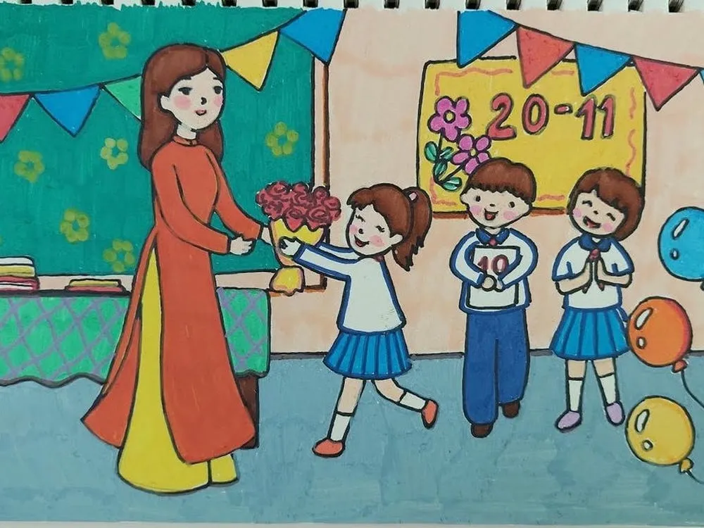 Ảnh vẽ tranh giáo viên phong cách hoạt hình vô cùng đáng yêu