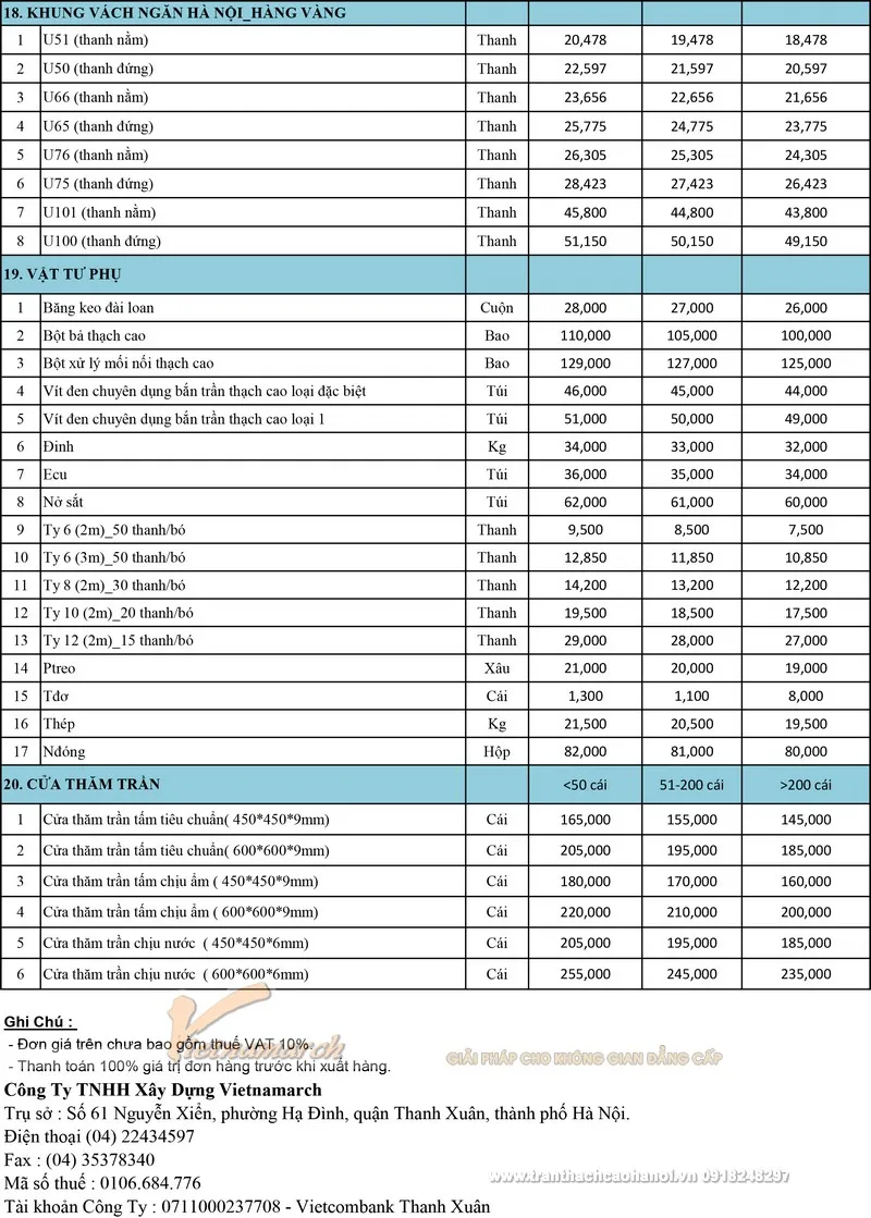 Thông số kỹ thuật và báo giá phụ kiện thạch cao đi kèm năm 2026