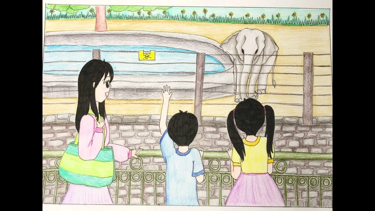 Bé đi tham quan sở thú qua nét vẽ tranh cuộc sống thường ngày sinh động