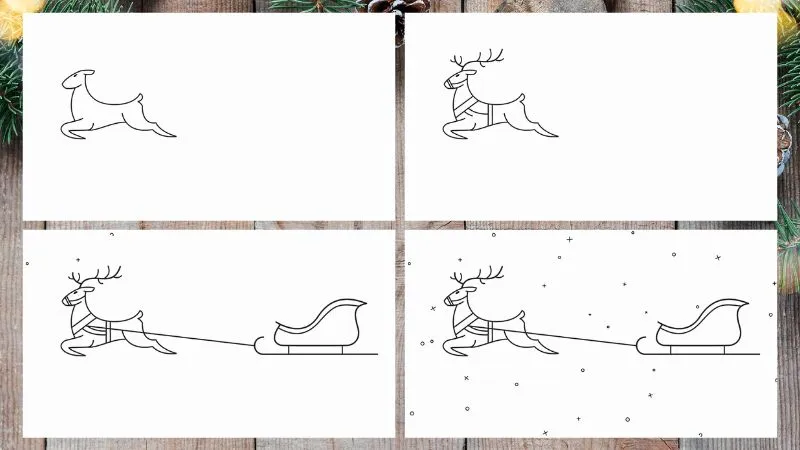 Bé tập cách vẽ tranh giáng sinh với hình ảnh chú tuần lộc kéo xe trượt