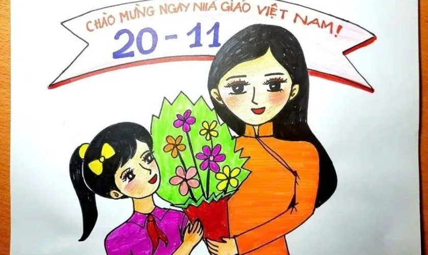 Bé tập tô màu tranh tri ân thầy cô giáo trong Ngày Nhà giáo Việt Nam