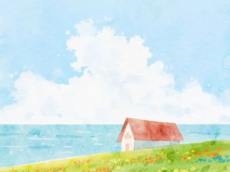 Biển với nhà tranh đỏ và đồng hoa