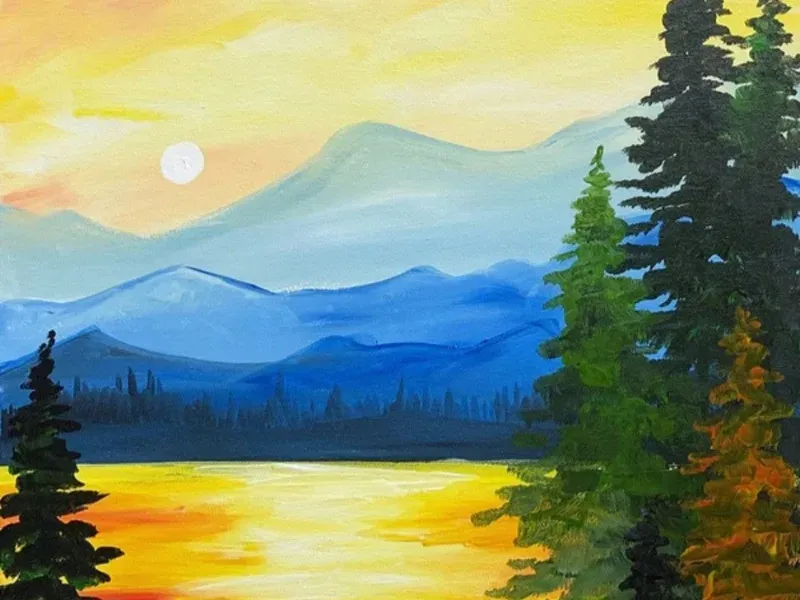 Bình minh hồ vàng và rừng thông xanh