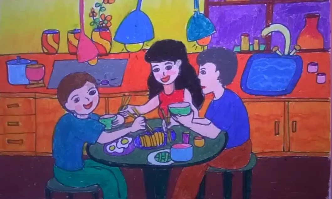 Bữa cơm gia đình giản dị trong tranh vẽ cuộc sống thường ngày đầy yêu thương
