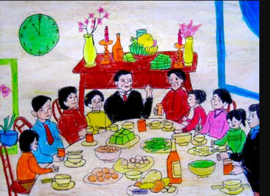 Bữa cơm tất niên ấm áp qua tranh vẽ cuộc sống thường ngày ngày Tết