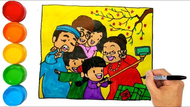 Bức ảnh vẽ tranh ngày tết rực rỡ sắc màu trang hoàng không gian gia đình