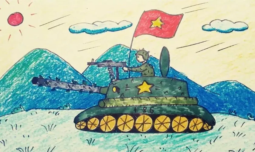 Bức tranh 30/4 đơn giản chủ đề xe tăng