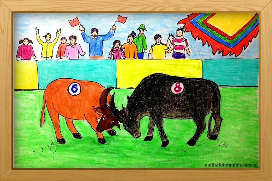 Bức tranh chọi trâu hào hùng thể hiện sức mạnh của các chú trâu chiến