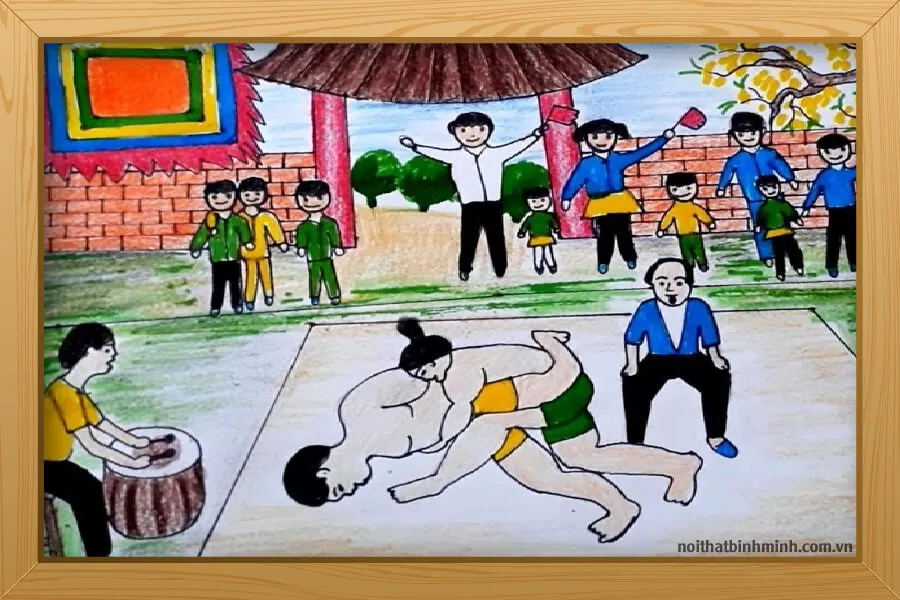 Bức tranh đấu vật sinh động với nhiều nhân vật và biểu cảm phong phú