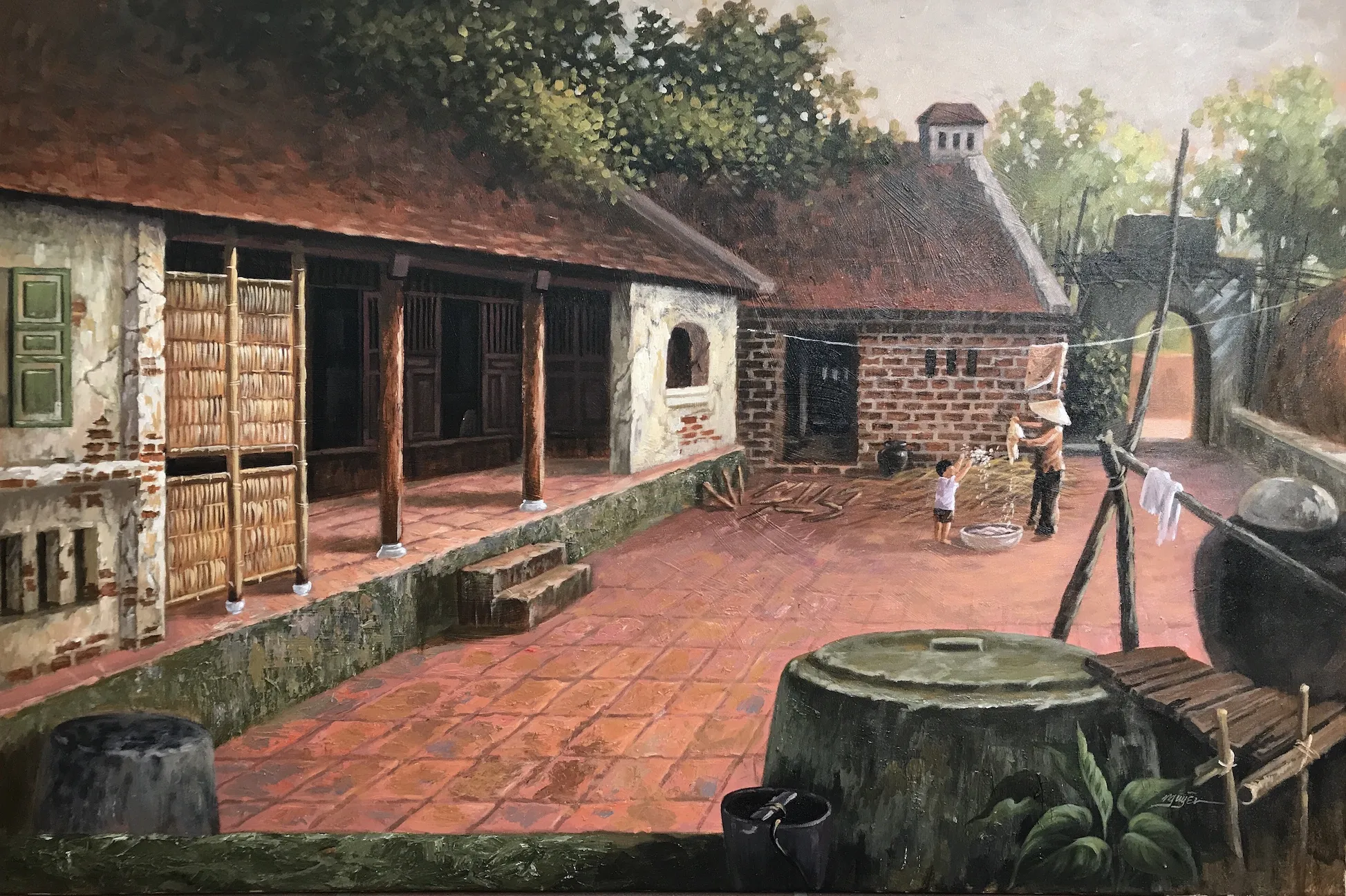 Bức tranh giúp mẹ phơi đồ thể hiện sự hiếu thảo của trẻ thơ