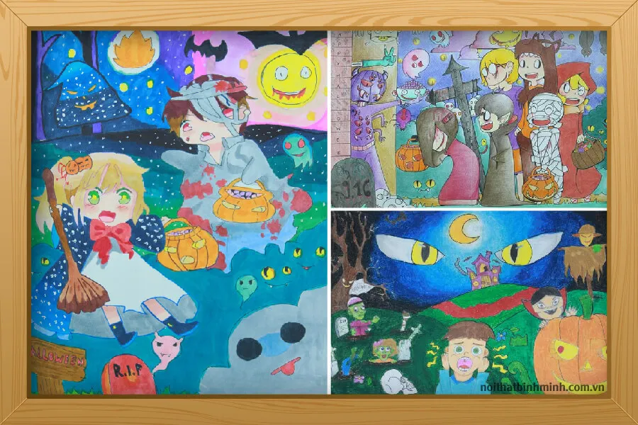 Bức tranh Halloween với những hình ảnh ma mị và bí ngô rực cháy