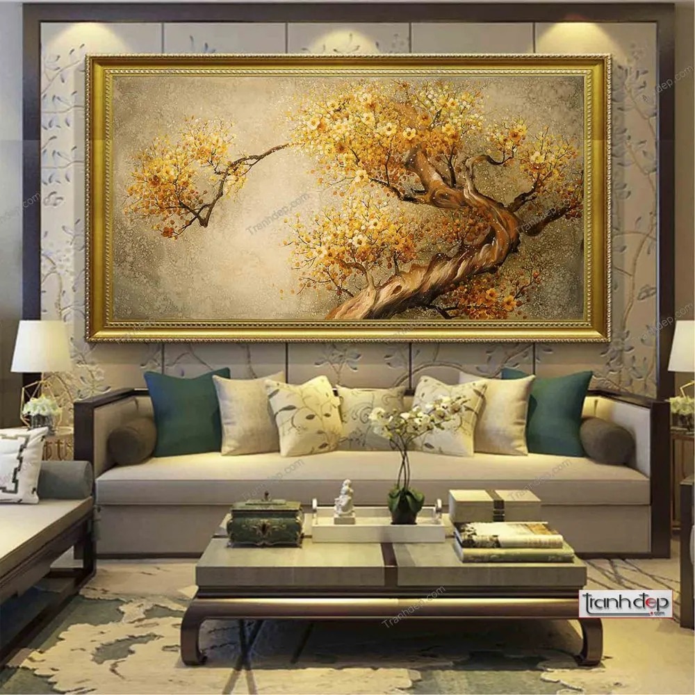 Bức tranh hoa mai làm bừng sáng không gian sống với sắc vàng rực rỡ
