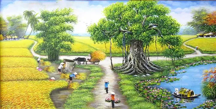 Bức tranh làng quê yêu dấu với cổng làng và cây đa cổ thụ tỏa bóng mát