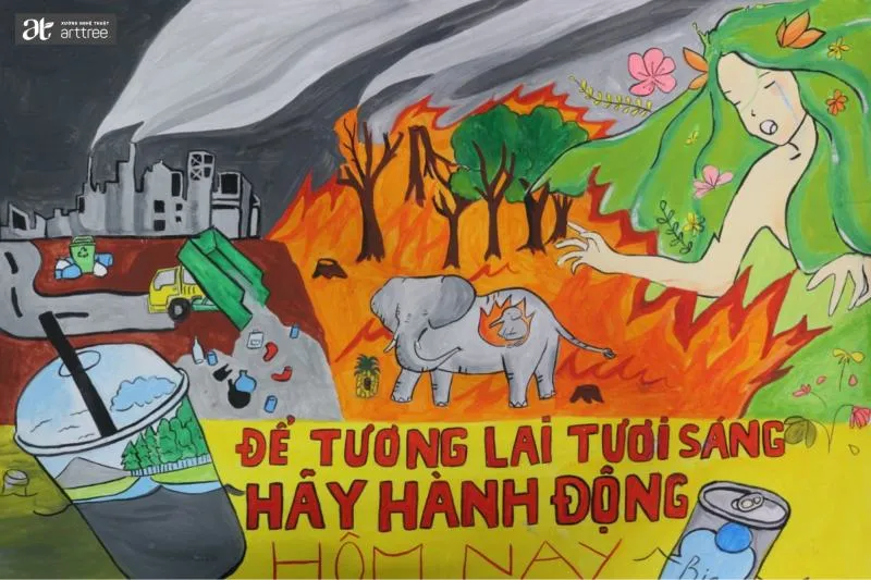 Bức tranh lên án nạn chặt phá rừng và bảo vệ môi trường sống của thú hoang