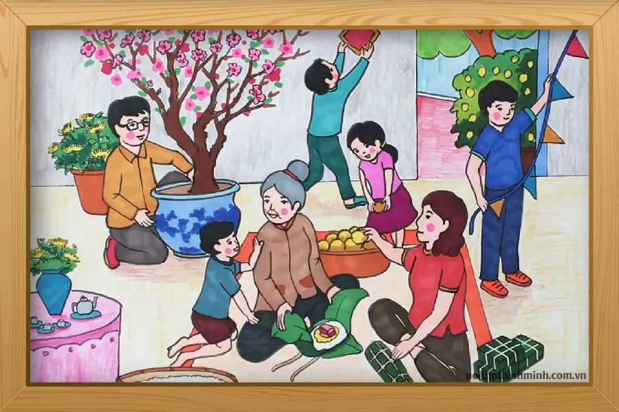 Bức tranh mô tả hoạt động lễ hội dân gian truyền thống tại đình làng