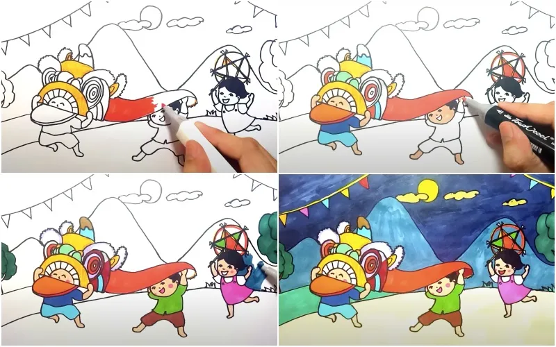 Bức tranh múa lân sau khi đã được tô màu hoàn thiện sinh động