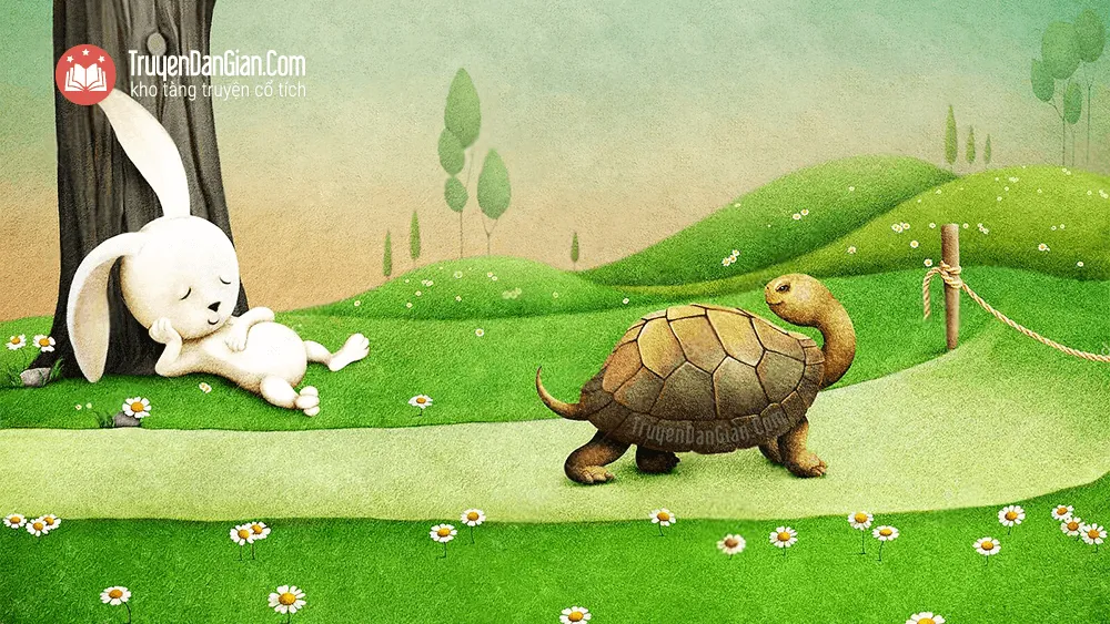 Bức tranh ngụ ngôn Aesop mô tả cuộc đua giữa rùa và thỏ đầy ý nghĩa