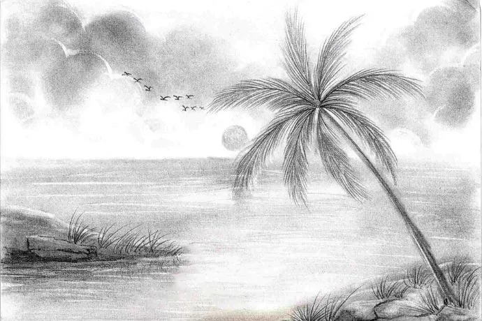 Bức tranh phong cảnh biển vẽ bằng bút chì với những đường nét mềm mại