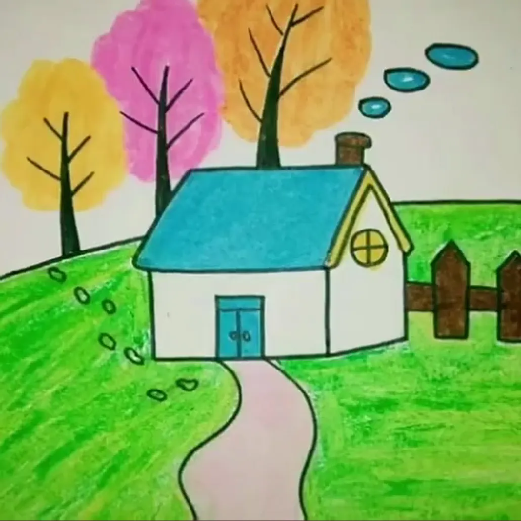 Bức tranh phong cảnh quê hương mùa thu hoàn chỉnh với màu sắc ấm áp