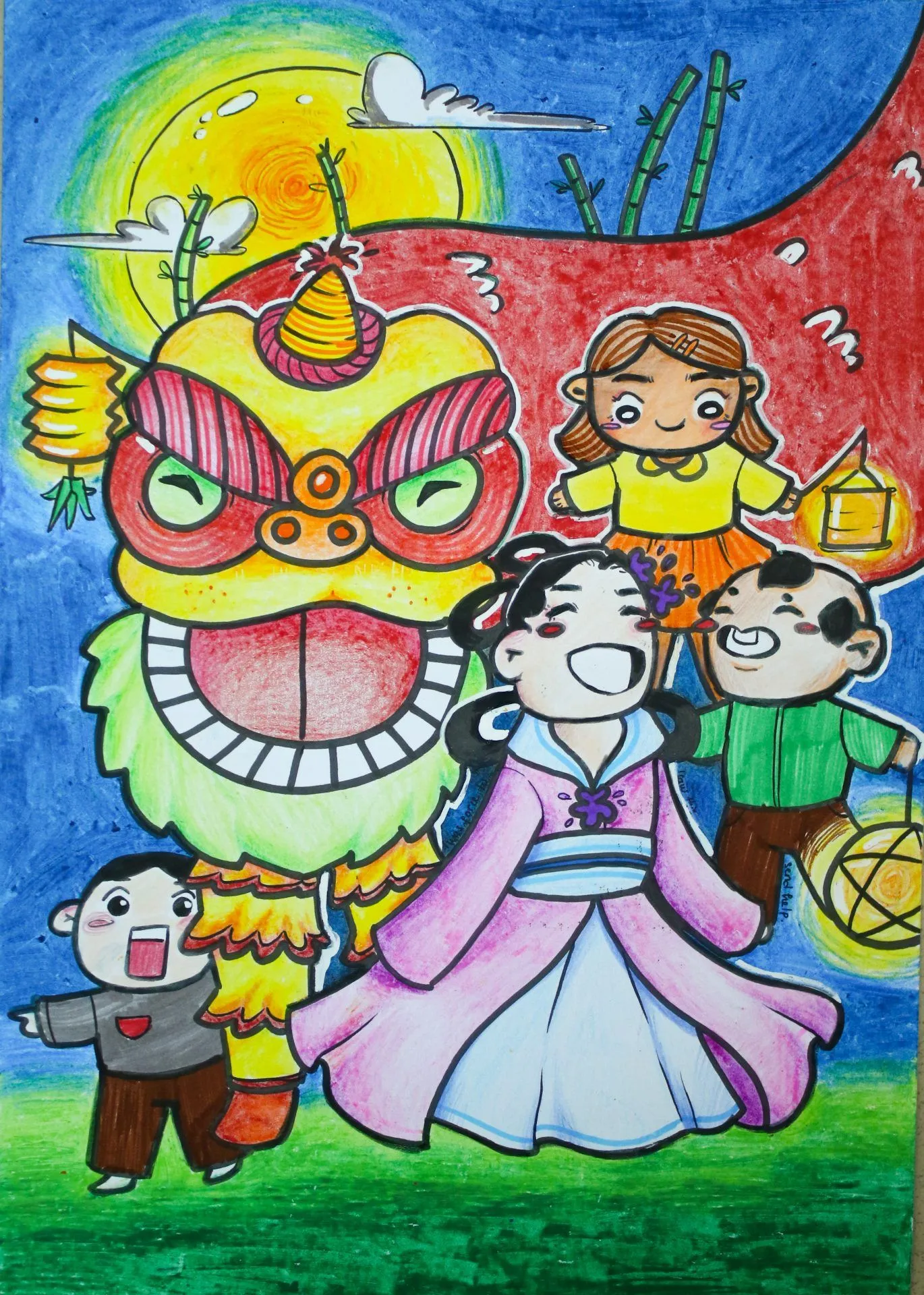 Bức tranh phong cảnh trung thu với màu sắc tươi tắn và sinh động