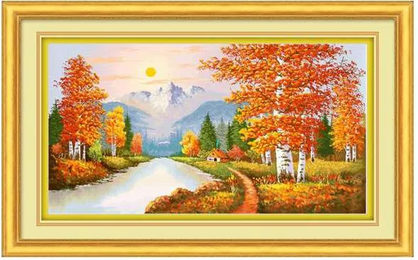 Bức tranh phong cảnh với đầy đủ rừng, núi và ngôi nhà