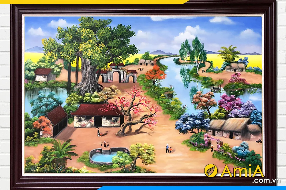 Bức tranh sơn dầu vẽ cảnh nông thôn với ngôi nhà ngói đỏ bên sông