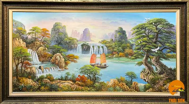 Bức tranh sơn thủy hữu tình với hình ảnh người lái đò trên dòng sông xanh biếc