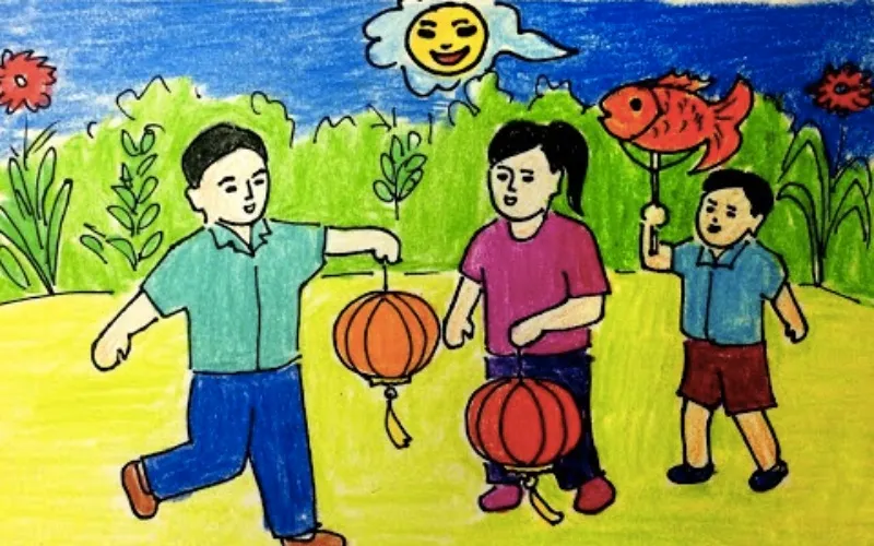 Bức tranh vẽ bằng màu sáp thể hiện sự sáng tạo hồn nhiên của bé