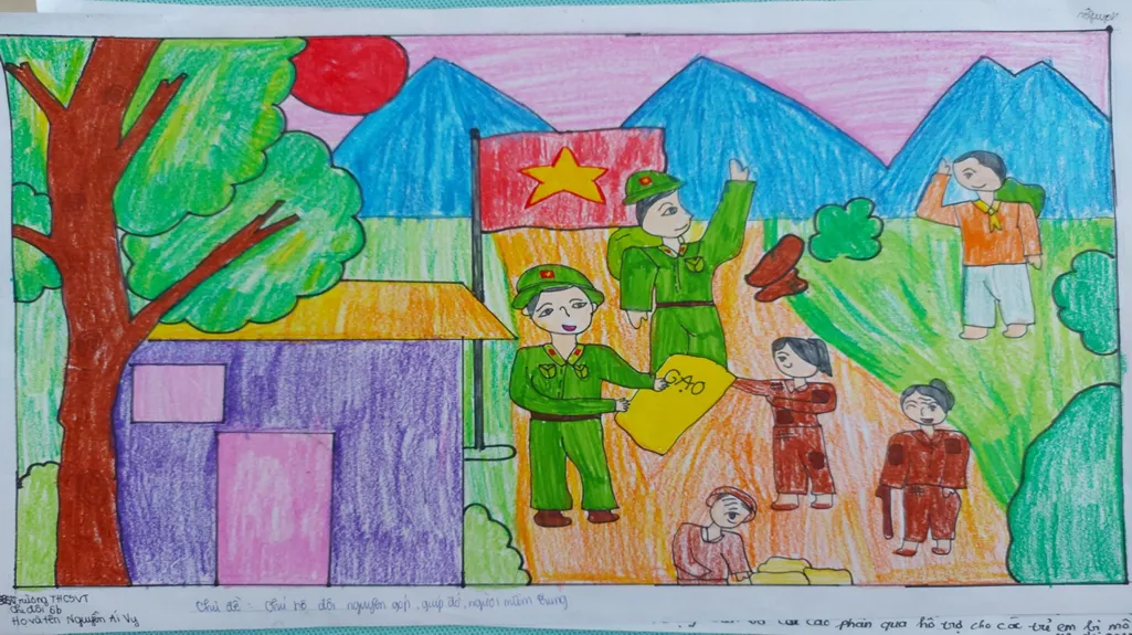 Bức tranh vẽ cảnh chú bộ đội cùng các bạn nhỏ vui chơi dưới ánh trăng rằm