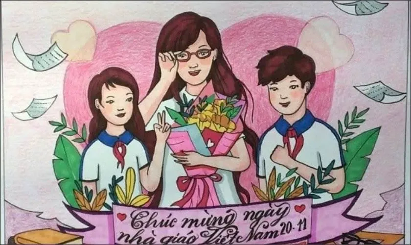 Bức tranh vẽ cảnh học sinh tặng hoa tri ân thầy cô giáo