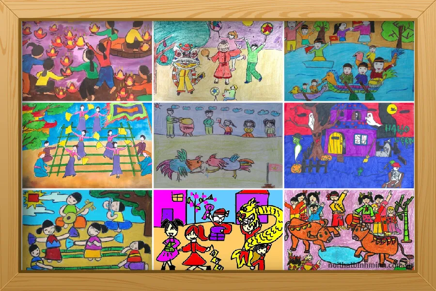 Bức tranh vẽ cảnh lễ hội ngày Tết với màu sắc vui tươi rực rỡ