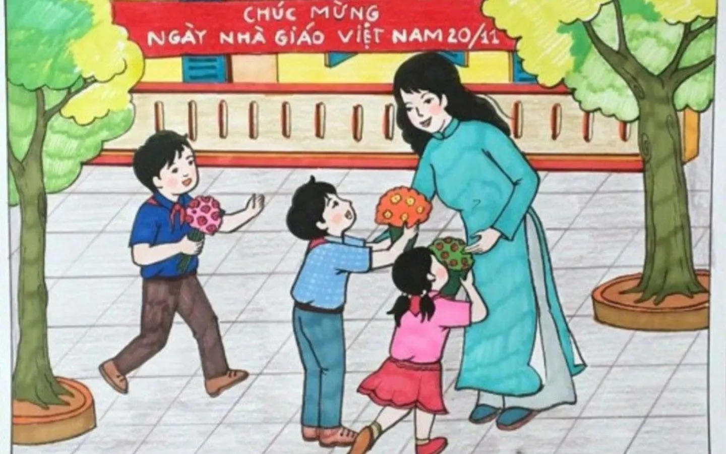 Bức tranh vẽ cảnh thầy cô dìu bước học sinh dưới mái trường