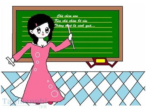 Bức tranh vẽ cô giáo đang miệt mài giảng bài trên bục giảng lớp học