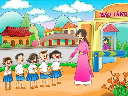 Bức tranh vẽ cô giáo giảng bài có bố cục cân đối và màu sắc hài hòa