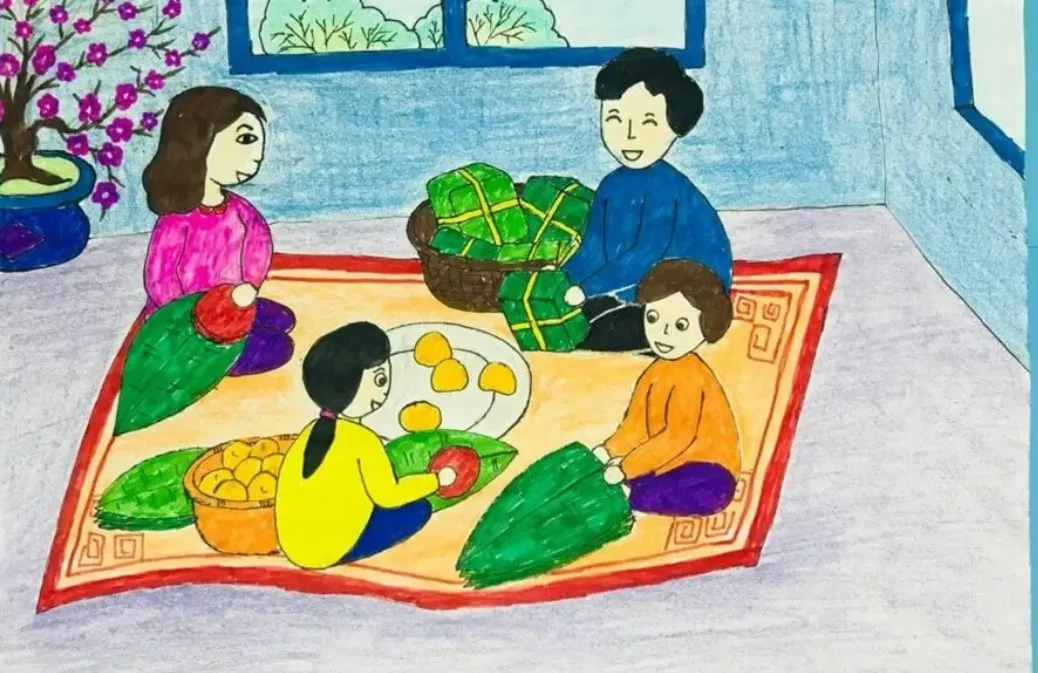 Bức tranh vẽ cuộc sống thường ngày mô tả cảnh gói bánh chưng ngày Tết