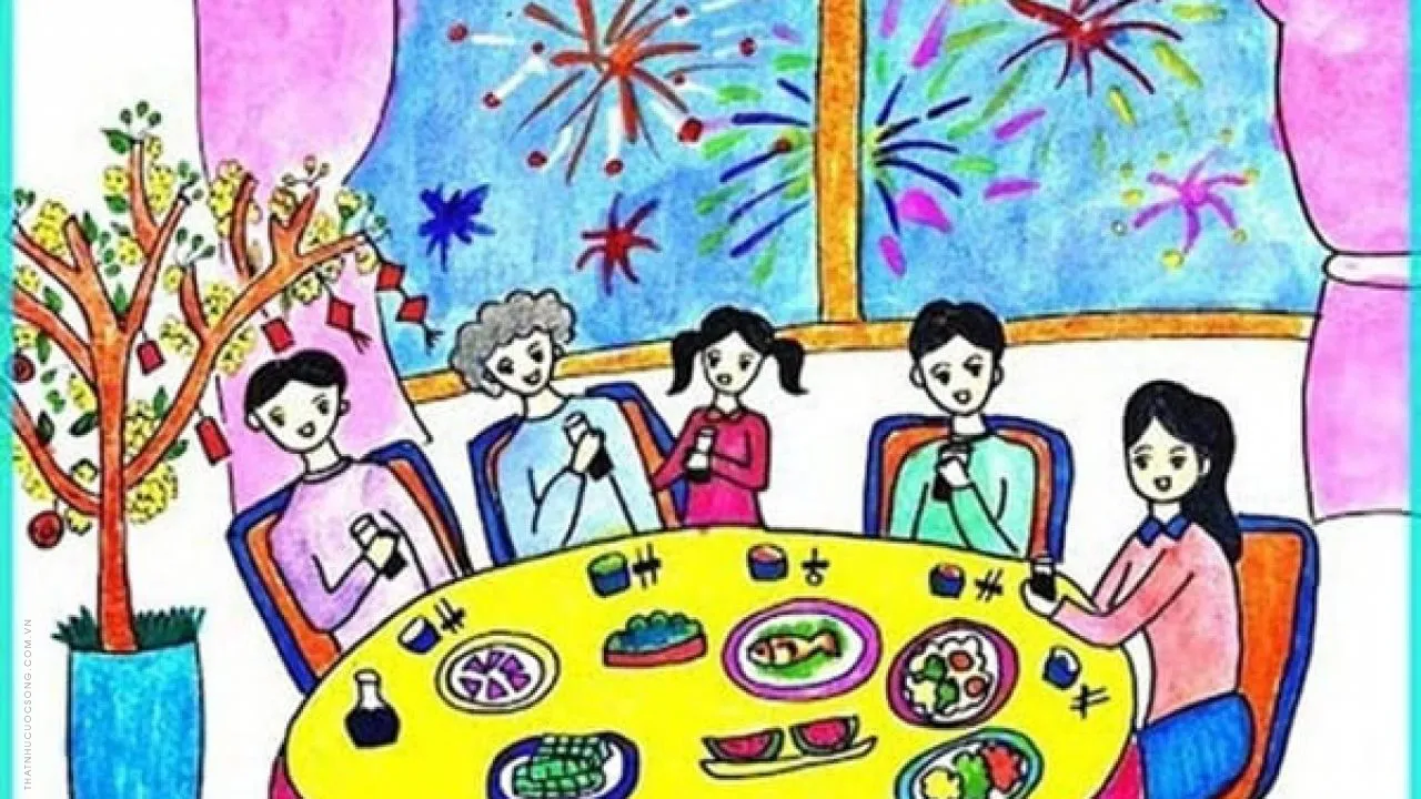 Bức tranh vẽ cuộc sống thường ngày trong gia đình ấm cúng và hạnh phúc