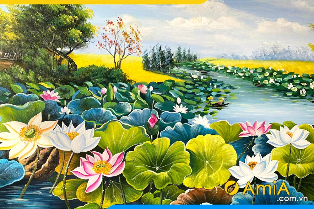 Bức tranh vẽ hồ sen mang đến không gian bình yên và thư thái cho gia chủ