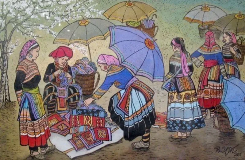 Bức tranh vẽ làng nghề truyền thống đẹp rạng ngời