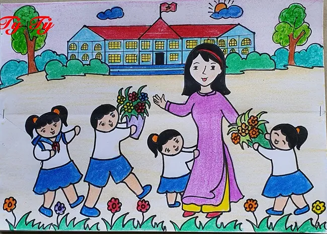 Bức tranh vẽ ngày nhà giáo Việt Nam 20 11 mô tả cảnh học sinh tặng hoa cô giáo