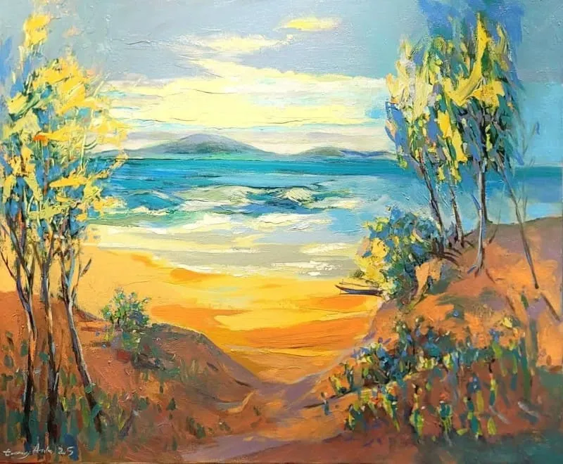 Bức tranh vẽ tranh phong cảnh biển đẹp với lối nhỏ thơ mộng dẫn ra biển