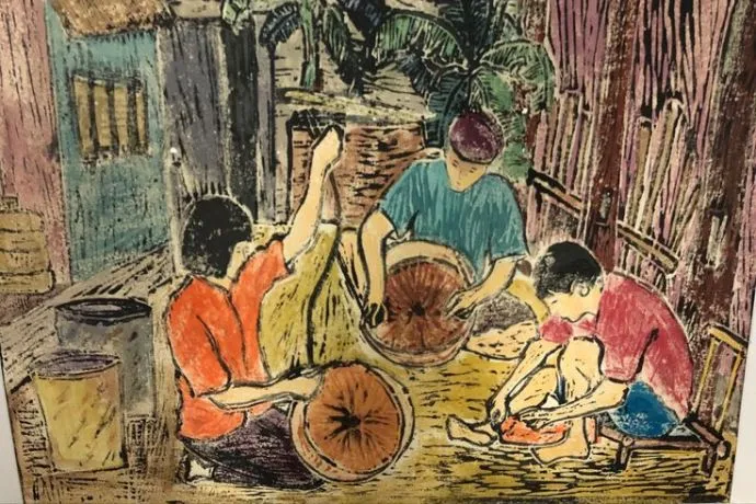 Bức tranh vẽ truyền thống việt nam tái hiện cảnh lao động tại làng nghề thủ công