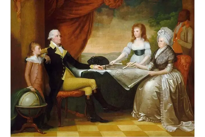 Bức tranh vẽ về gia đình Washington trong không gian phòng khách sang trọng thế kỷ 18