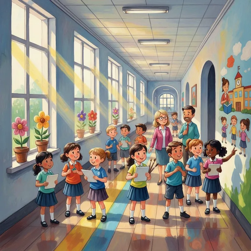 Bức vẽ thầy cô và mái trường nhẹ nhàng với những gam màu ấm áp