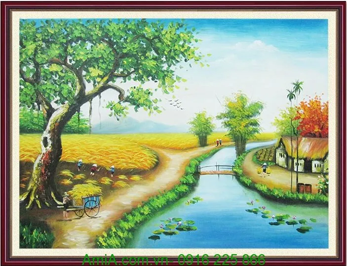 Bức vẽ tranh phong cảnh làng quê đem đến không gian tươi mới cho ngôi nhà