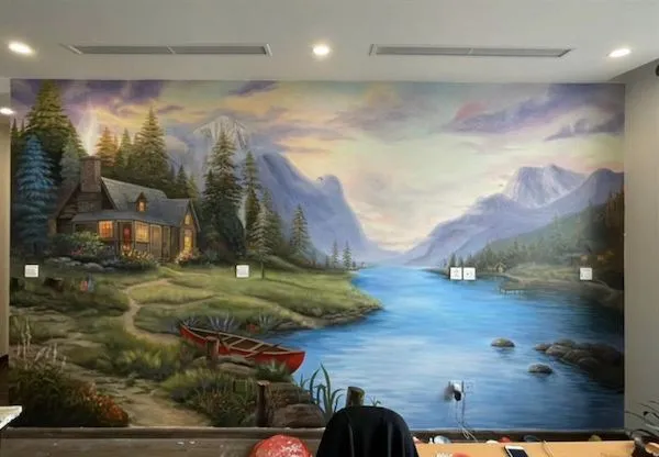 Bức vẽ tranh tường phong cảnh thiên nhiên biển xanh thơ mộng cho văn phòng