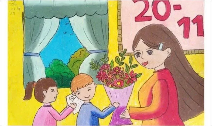 Bước phác thảo bố cục cơ bản cho bức tranh vẽ 20/11