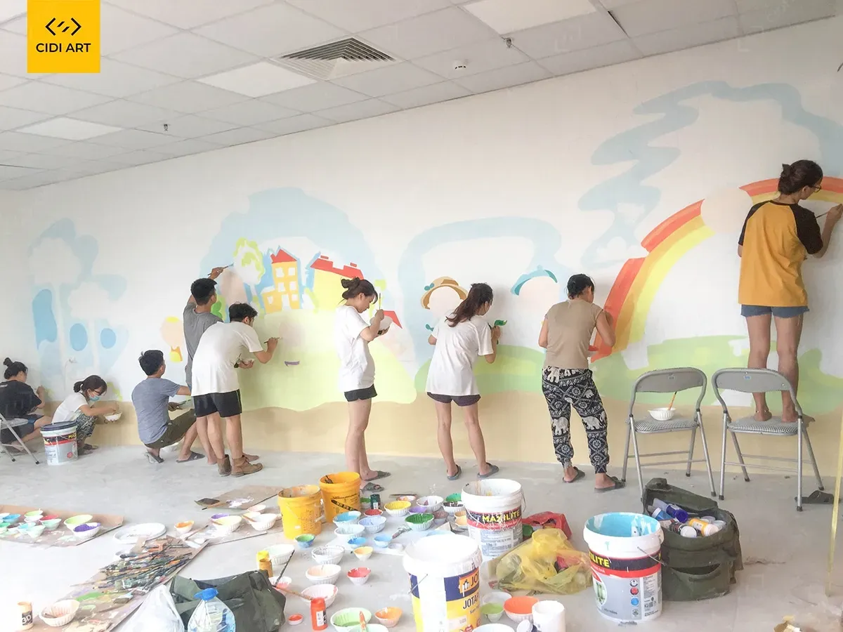 Quy trình vẽ tranh tường mầm non