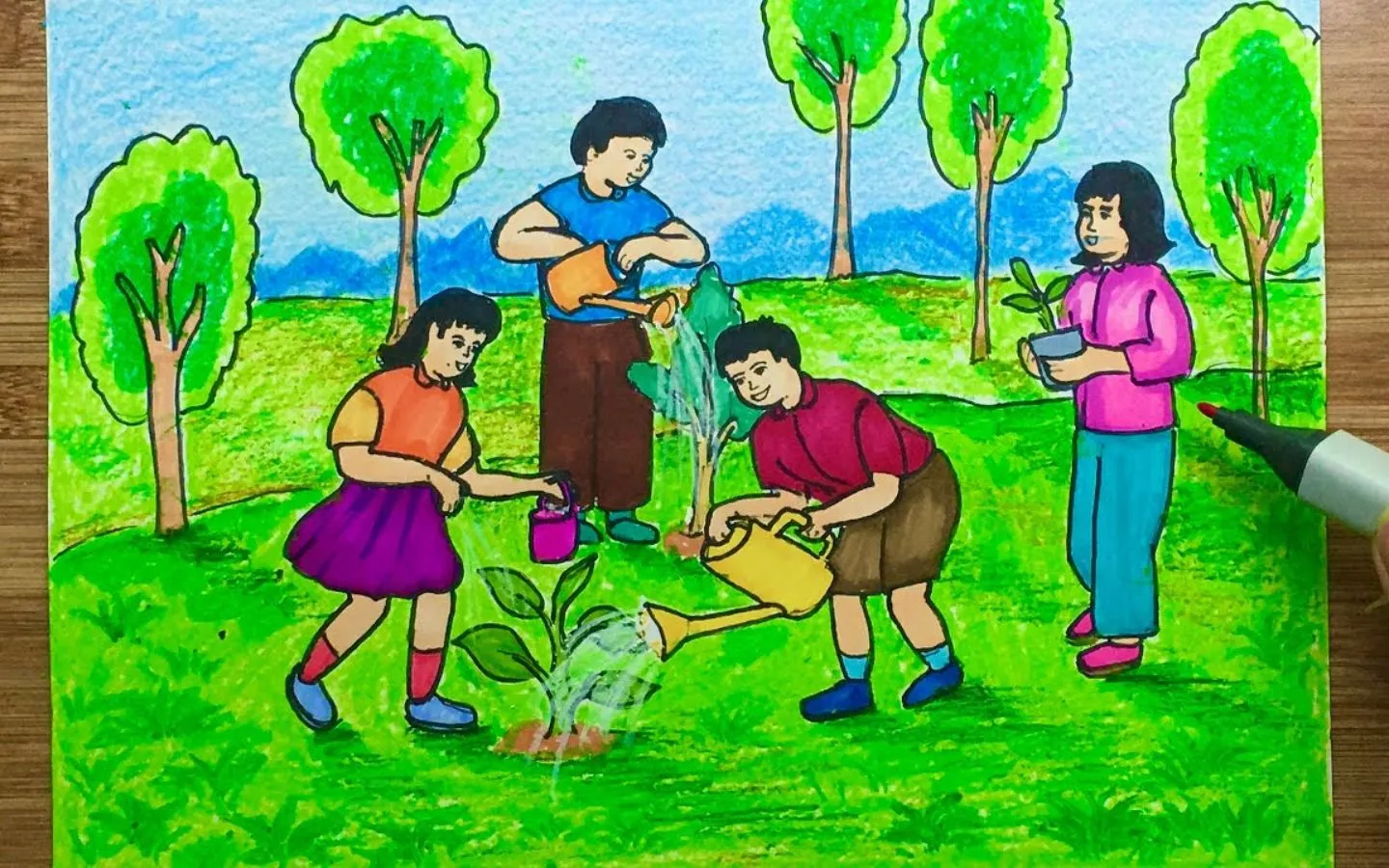 Cả nhà cùng nhau trồng cây để phủ xanh đất trống