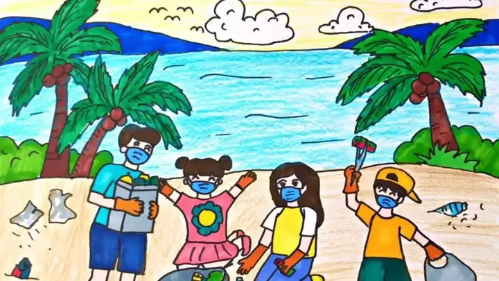 Các bạn nhỏ đang tham gia dọn dẹp rác thải trên bãi biển