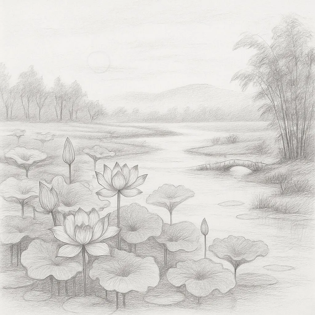 Các bước phác thảo cơ bản cho một bức tranh vẽ đầm sen đơn giản